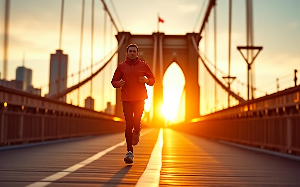 Male athlete sprinting across the iconic Brooklyn Bridge at sunrise, wearing cutting-edge Aviary windbreaker and gear, embodying the spirit of urban performance.