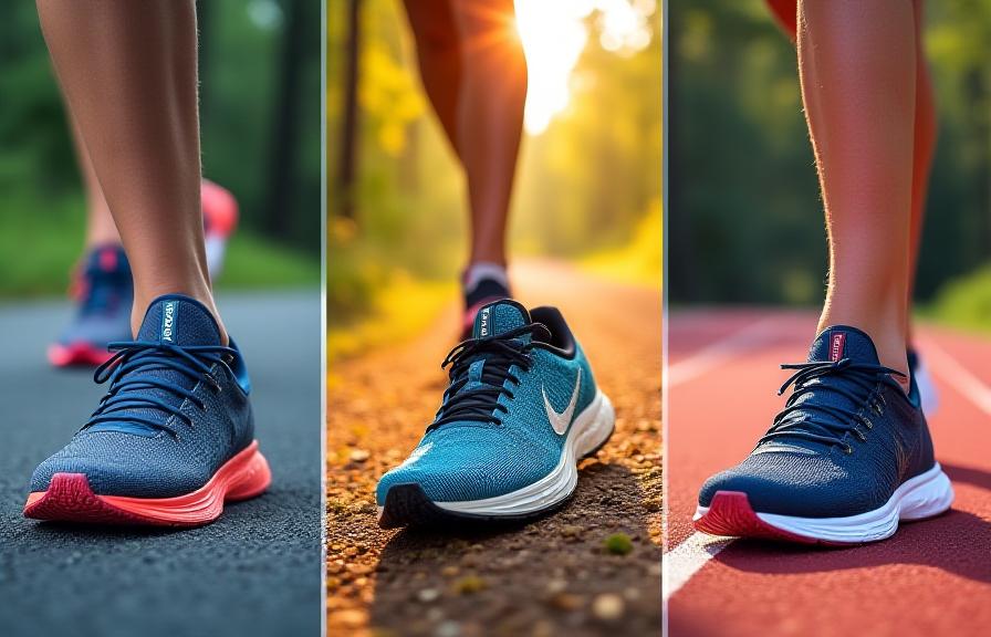 Dynamic composite image showcasing various running shoes on different terrains: sleek road runners on urban asphalt, rugged trail shoes on a forest path, and versatile trainers on a track.