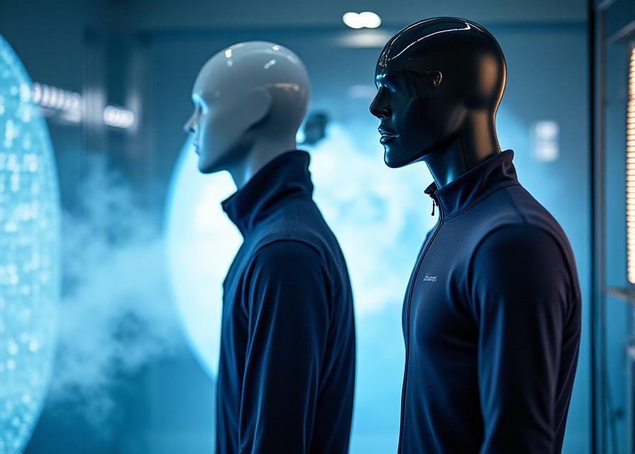 State-of-the-art aerodynamic testing on a specialized mannequin wearing Aviary jacket, positioned within a high-speed wind tunnel to measure drag and airflow efficiency.